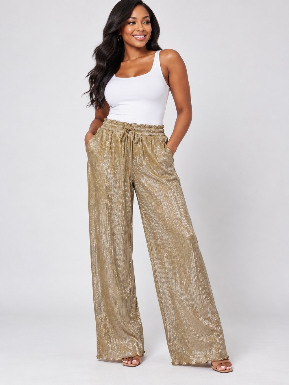 glam Metallic Gold Wide-Leg Drawstring Pants NWT